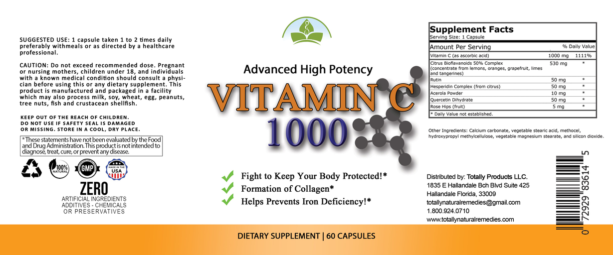 Totally Products Vitamin C 1000mg Immune Support - 60 Capsules