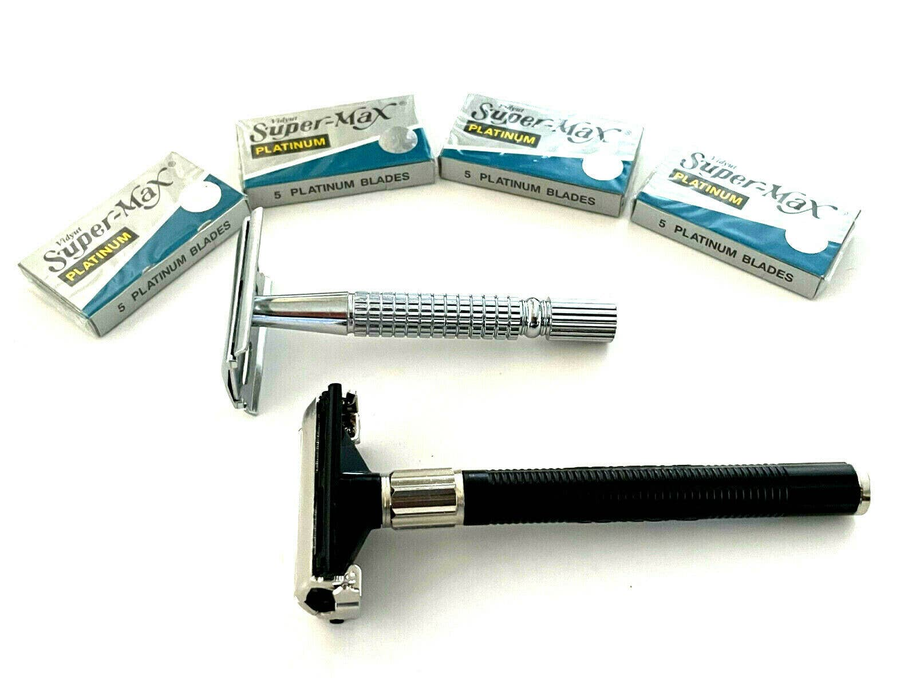 Classic Men's Old Fashion Safety Razors Set Silver Black + 20pcs Blades