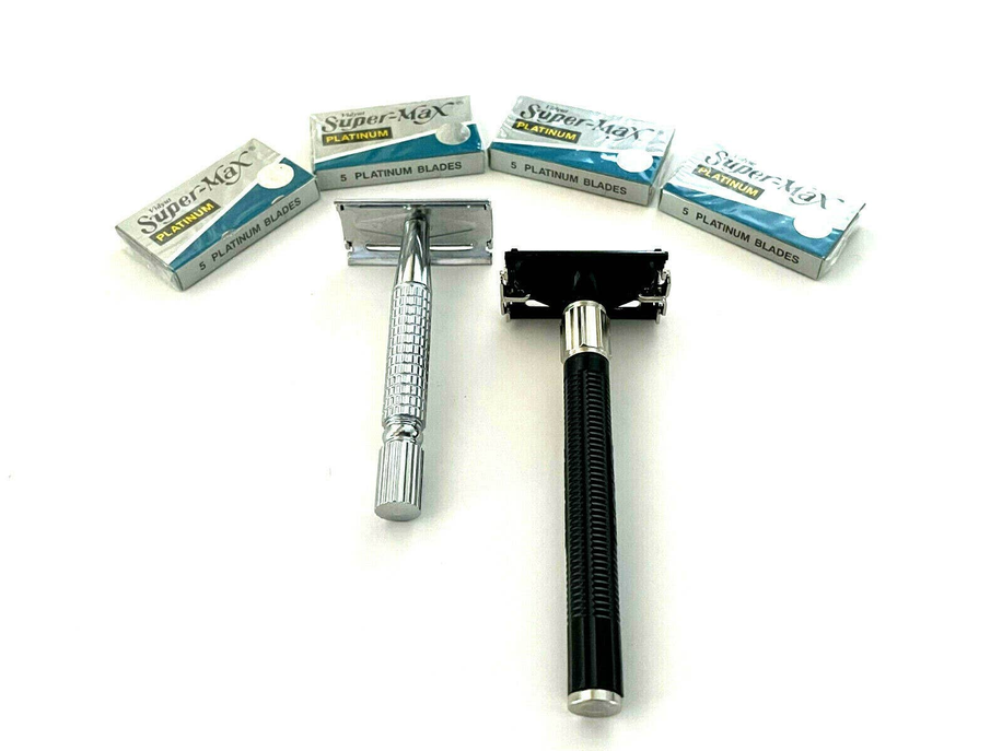 Classic Men's Old Fashion Safety Razors Set Silver Black + 20pcs Blades