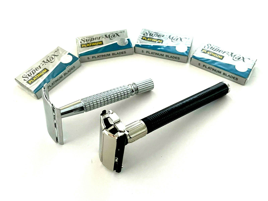 Classic Men's Old Fashion Safety Razors Set Silver Black + 20pcs Blades