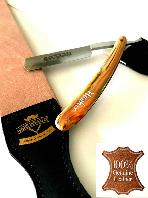 Barber's Professional Leather Shaping Strop Sharpener + Solid Carbon Steel Straight Razor