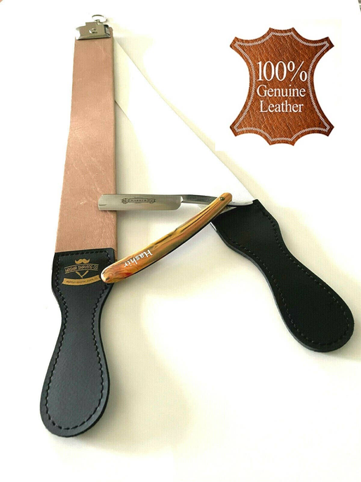 Barber's Professional Leather Shaping Strop Sharpener + Solid Carbon Steel Straight Razor