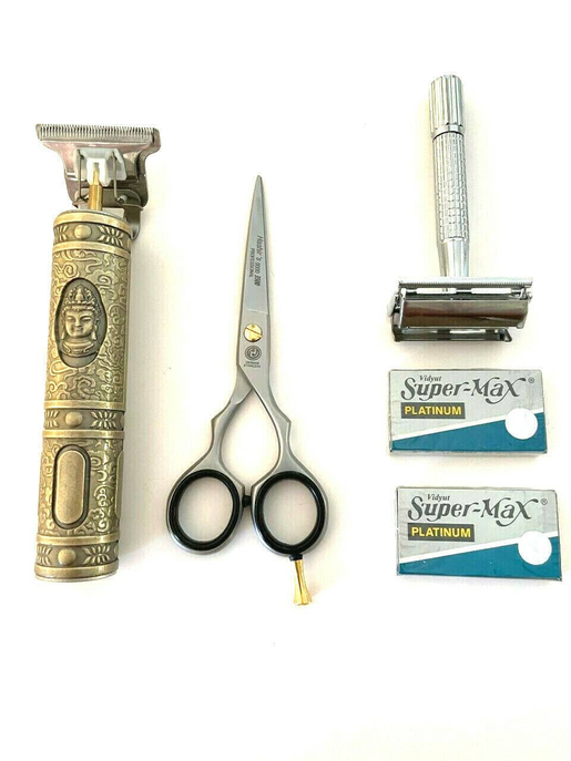 Men's Hair Trimmer T-liner Shaving Rechargeable + Shears Old Fashion Safety Razors Blades