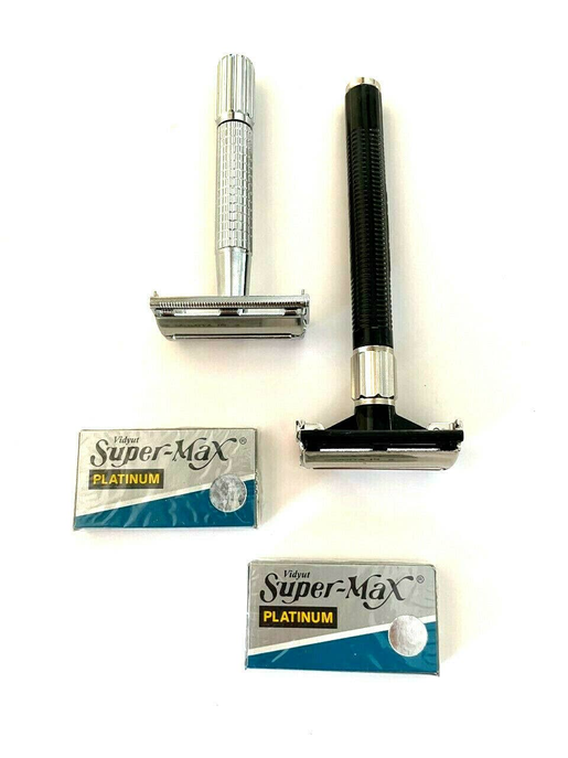 Old Fashion Classic Old School Men's Butterfly Safety Black Silver Razors + 10pcs Double Edge Razor Blades