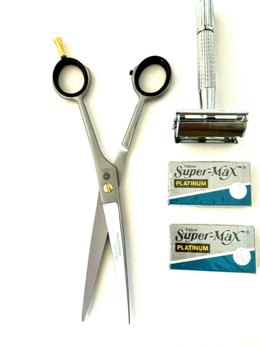 Silver Classic Old Style Butterfly Safety Razor + German Shears Gift Set Kit