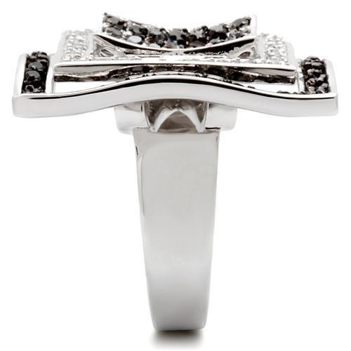 0W058 - Rhodium + Ruthenium Brass Ring with AAA Grade CZ  in Jet