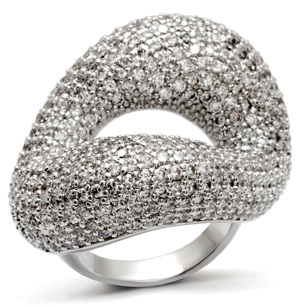 0W066 Rhodium Brass Ring with AAA Grade CZ in Clear