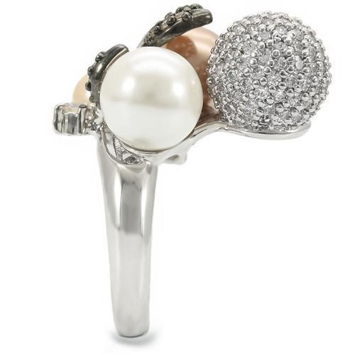 0W296 - Rhodium + Ruthenium Brass Ring with Synthetic Pearl in Multi Color