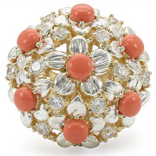 0W307 - Silver+Gold Brass Ring with Semi-Precious Coral in Orange