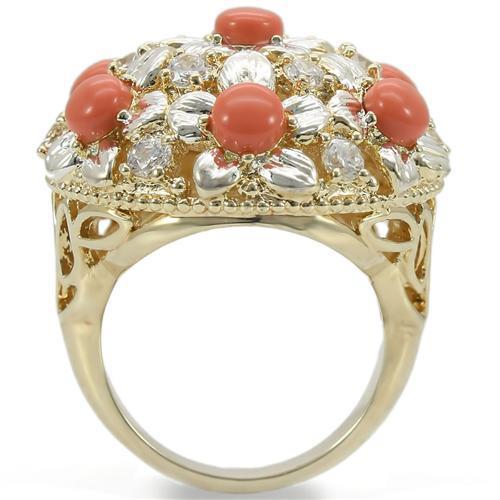 0W307 - Silver+Gold Brass Ring with Semi-Precious Coral in Orange