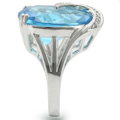 0W343 - Rhodium Brass Ring with Synthetic Synthetic Glass in Sea Blue