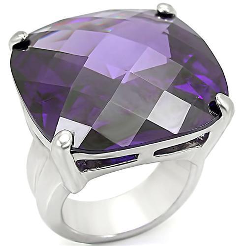 0W346 - Rhodium Brass Ring with AAA Grade CZ  in Tanzanite