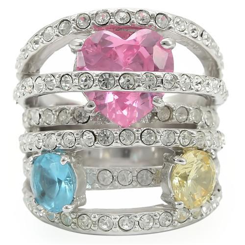 0W350 - Rhodium Brass Ring with AAA Grade CZ  in Rose