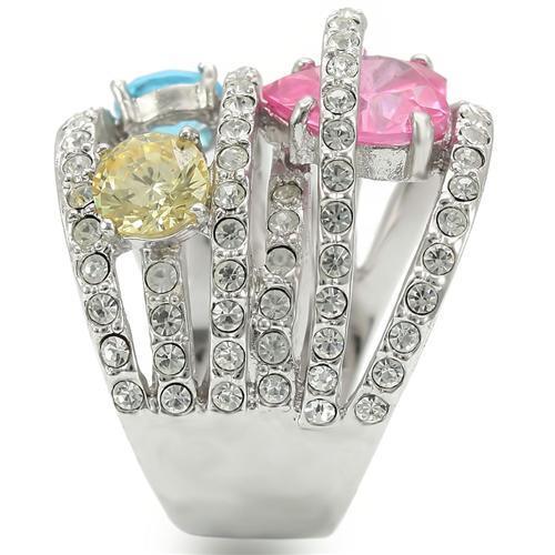 0W350 - Rhodium Brass Ring with AAA Grade CZ  in Rose