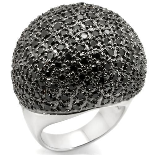 0W362 - Rhodium + Ruthenium Brass Ring with AAA Grade CZ  in Jet