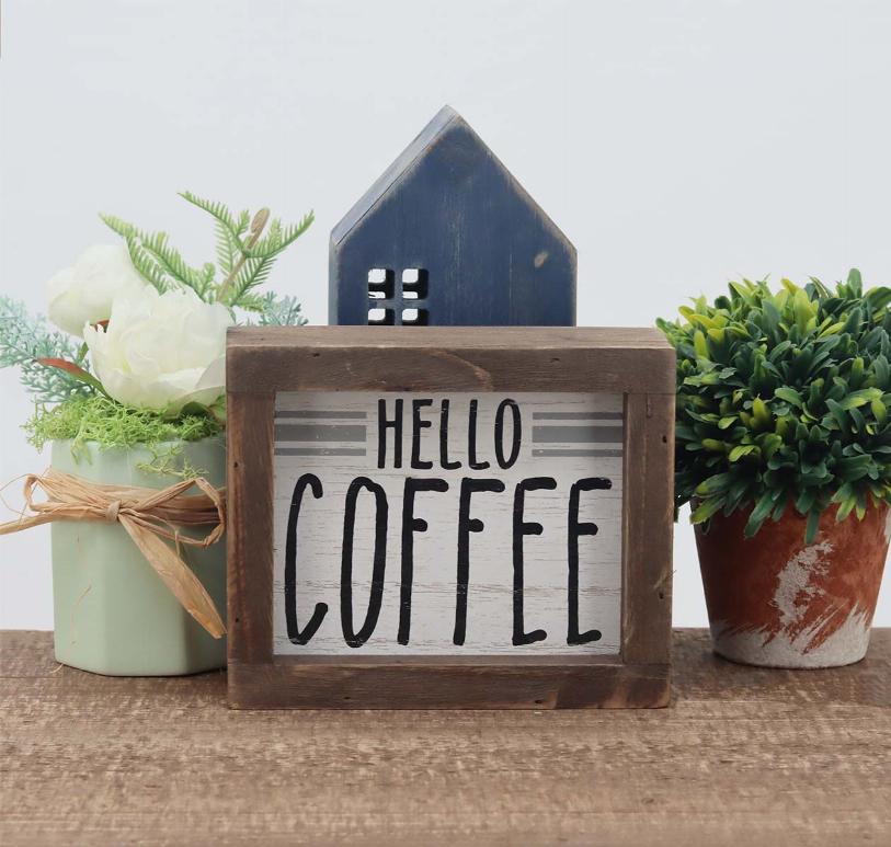 Hello Coffee Barn Wood Small Box Sign for Kitchen Decor Coffee Bar- Rustic Wooden Coffee Sign Plaque Freestanding Farmhouse Kitchen Decor Wood Home Decor 5.8"x4.8"