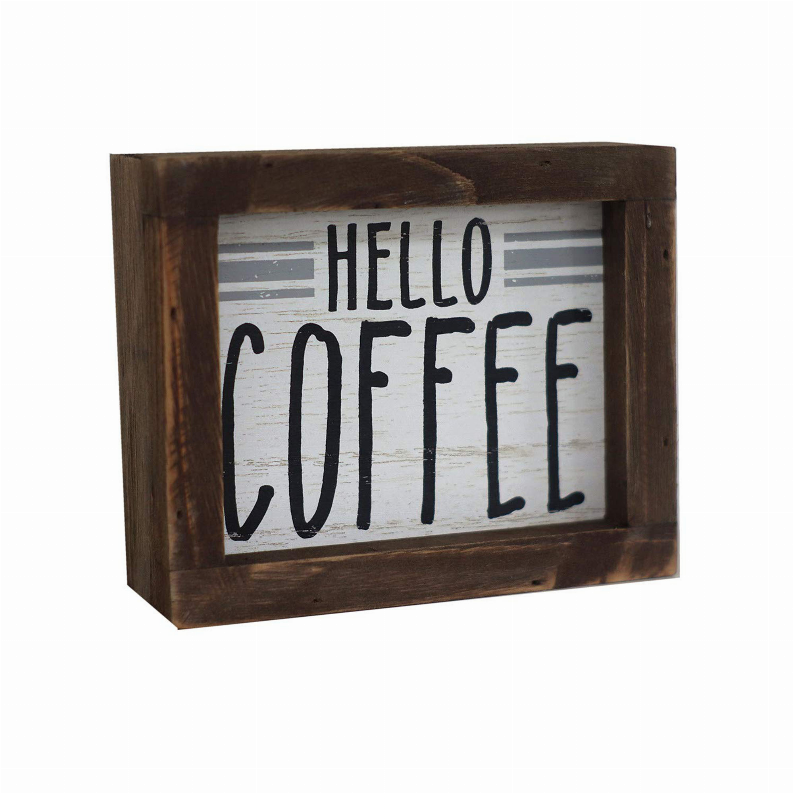 Hello Coffee Barn Wood Small Box Sign for Kitchen Decor Coffee Bar- Rustic Wooden Coffee Sign Plaque Freestanding Farmhouse Kitchen Decor Wood Home Decor 5.8"x4.8"
