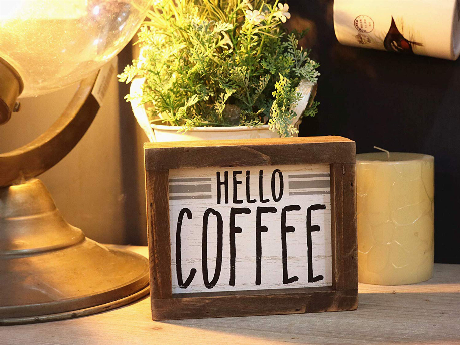 Hello Coffee Barn Wood Small Box Sign for Kitchen Decor Coffee Bar- Rustic Wooden Coffee Sign Plaque Freestanding Farmhouse Kitchen Decor Wood Home Decor 5.8"x4.8"