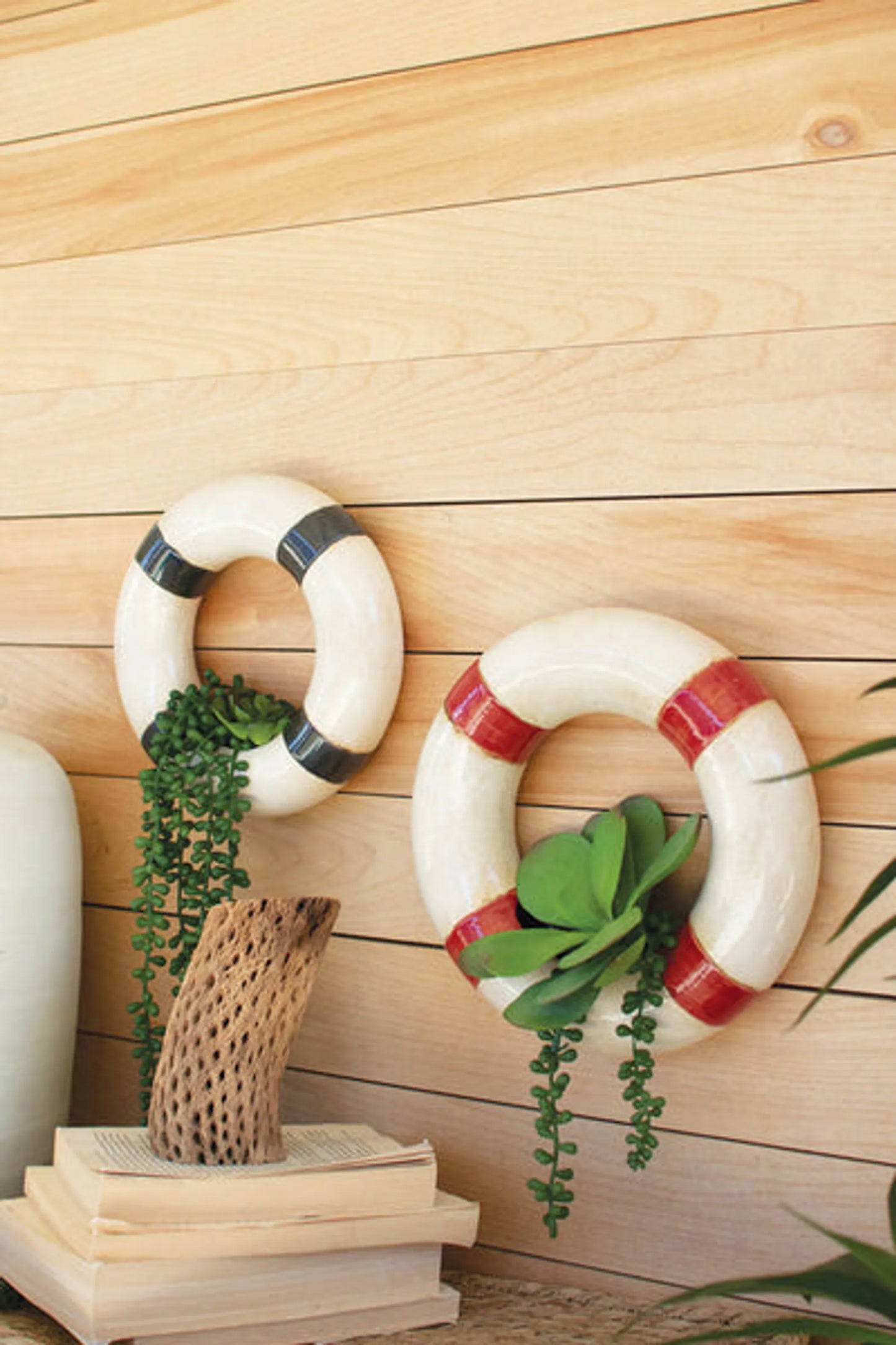 Set Of Two Ceramic Life Ring Wall Planters