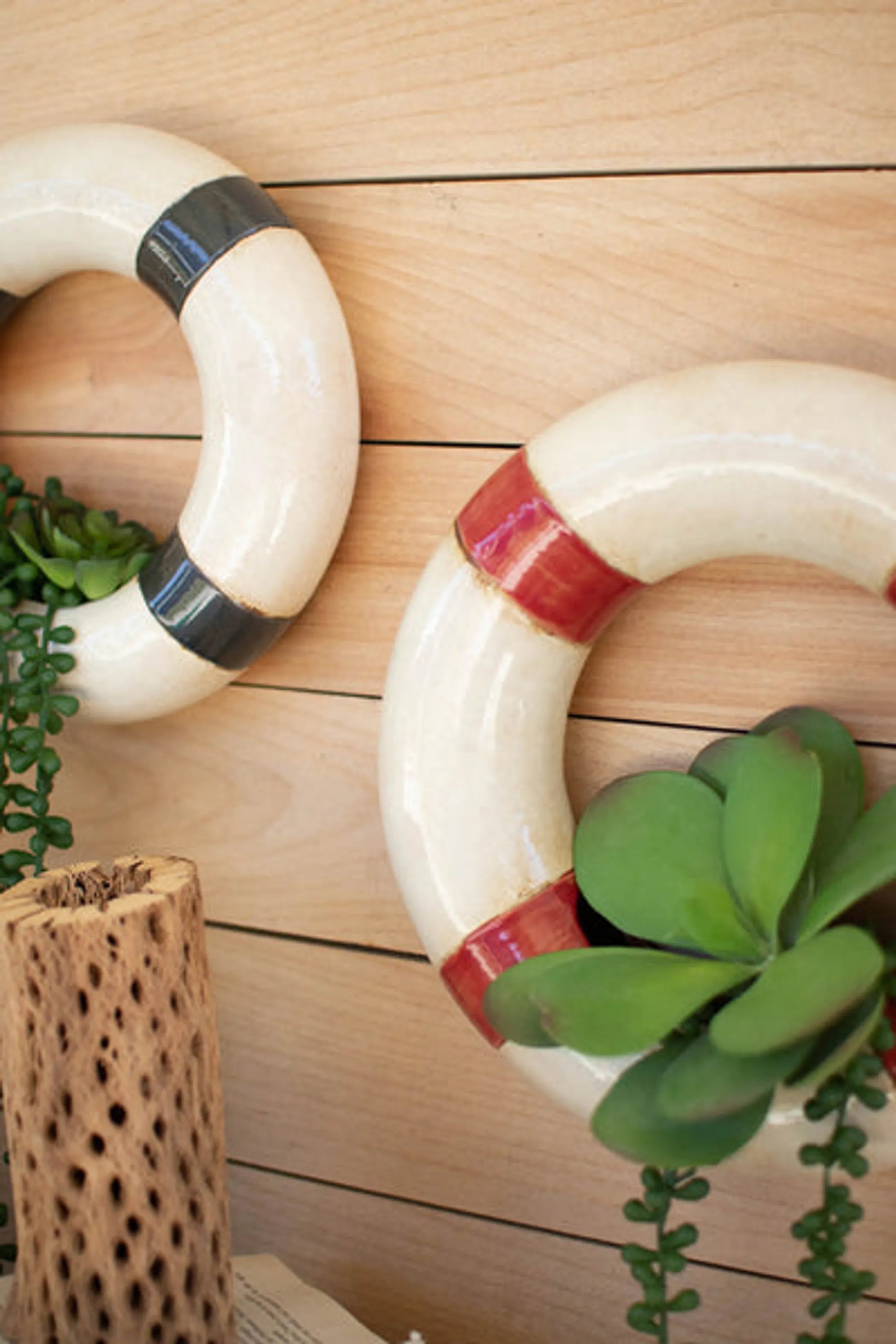 Set Of Two Ceramic Life Ring Wall Planters