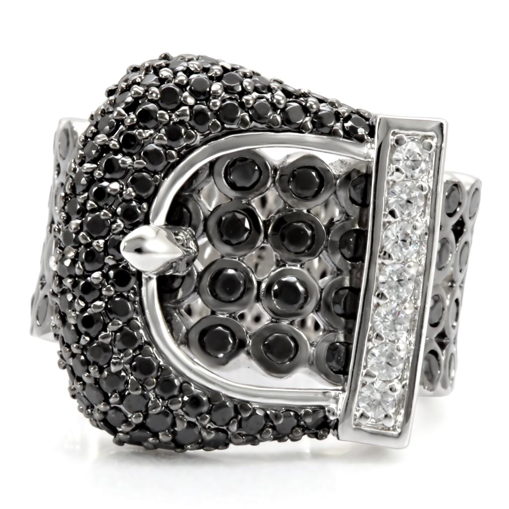 1W048 - Rhodium + Ruthenium Brass Ring with AAA Grade CZ  in Black Diamond