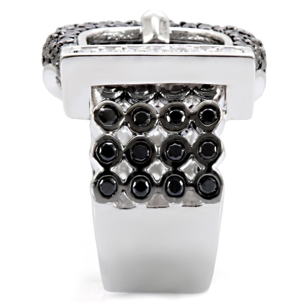 1W048 - Rhodium + Ruthenium Brass Ring with AAA Grade CZ  in Black Diamond