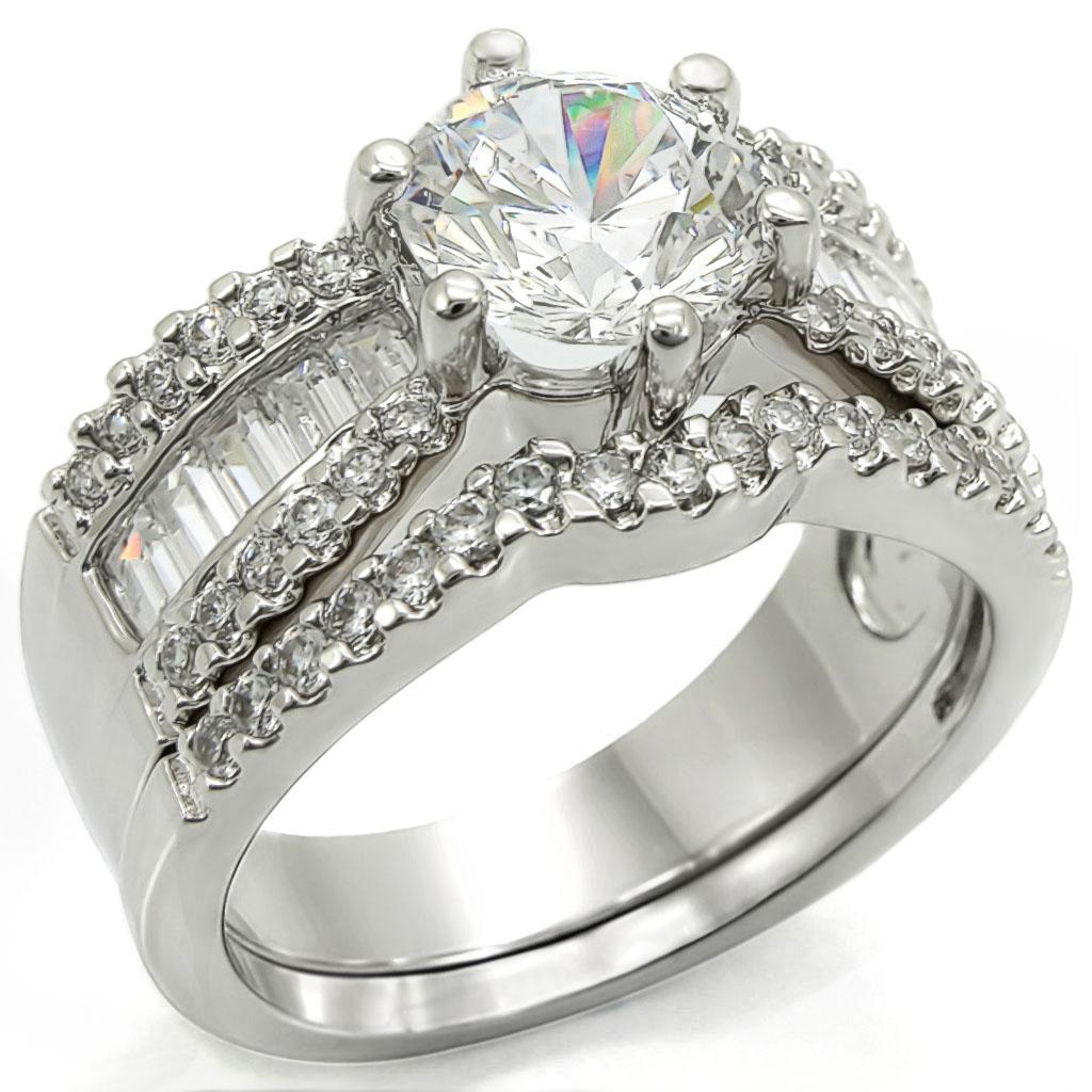 1W003 - Rhodium Brass Ring with AAA Grade CZ  in Clear