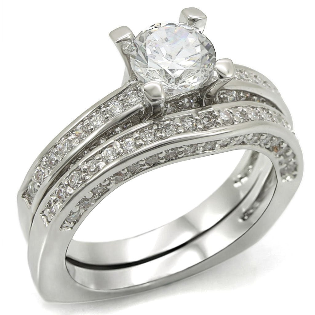 1W004 - Rhodium Brass Ring with AAA Grade CZ  in Clear