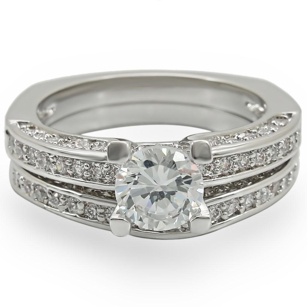 1W004 - Rhodium Brass Ring with AAA Grade CZ  in Clear