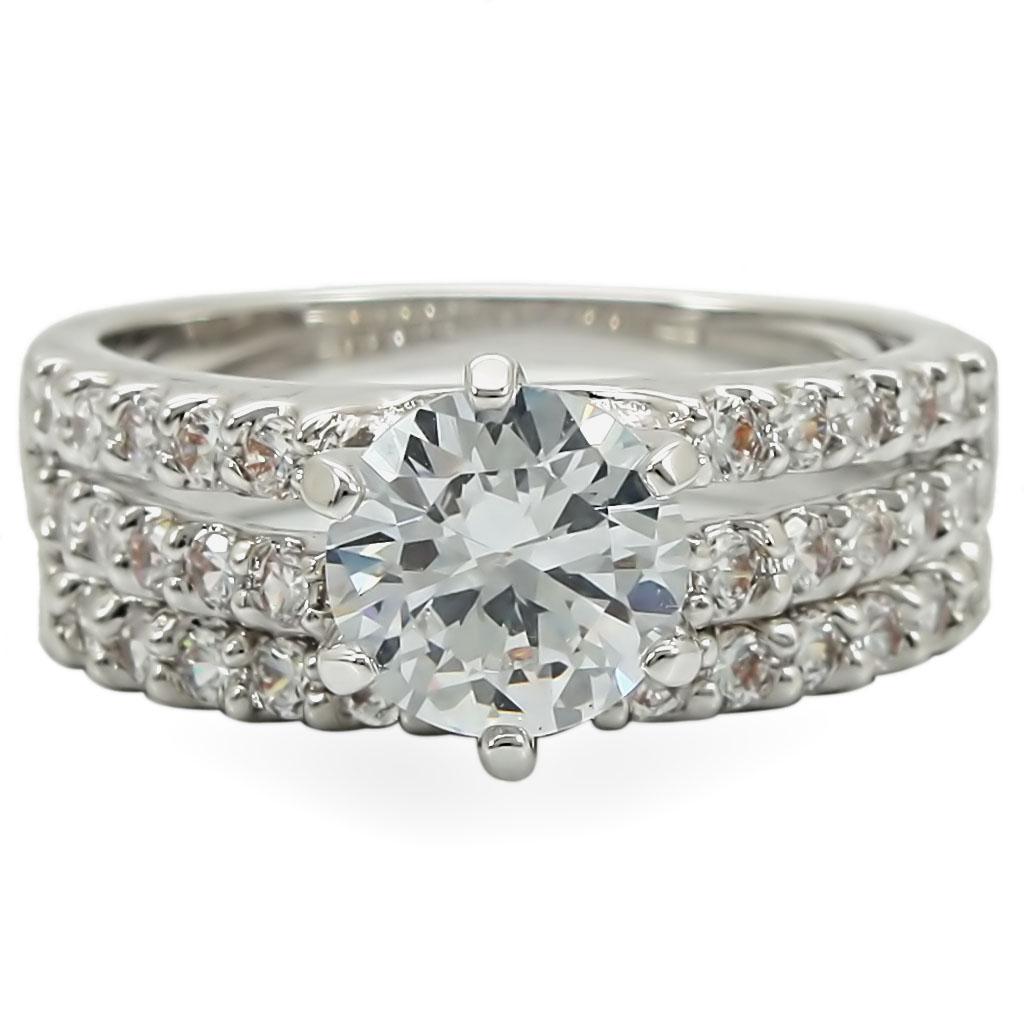 1W009 - Rhodium Brass Ring with AAA Grade CZ  in Clear