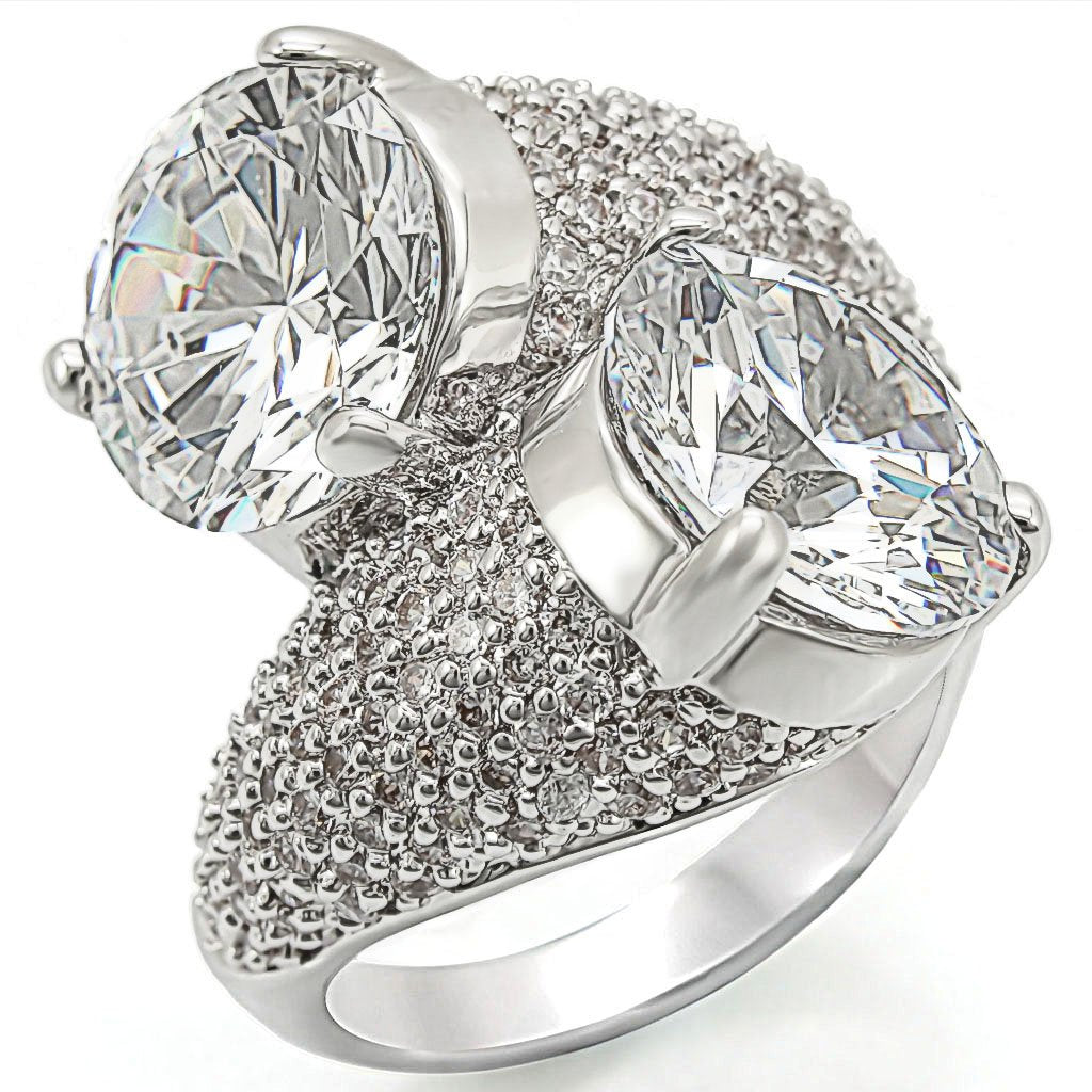 1W015 - Rhodium Brass Ring with AAA Grade CZ  in Clear