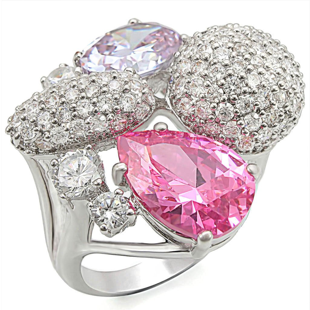 1W021 - Rhodium Brass Ring with AAA Grade CZ  in Multi Color