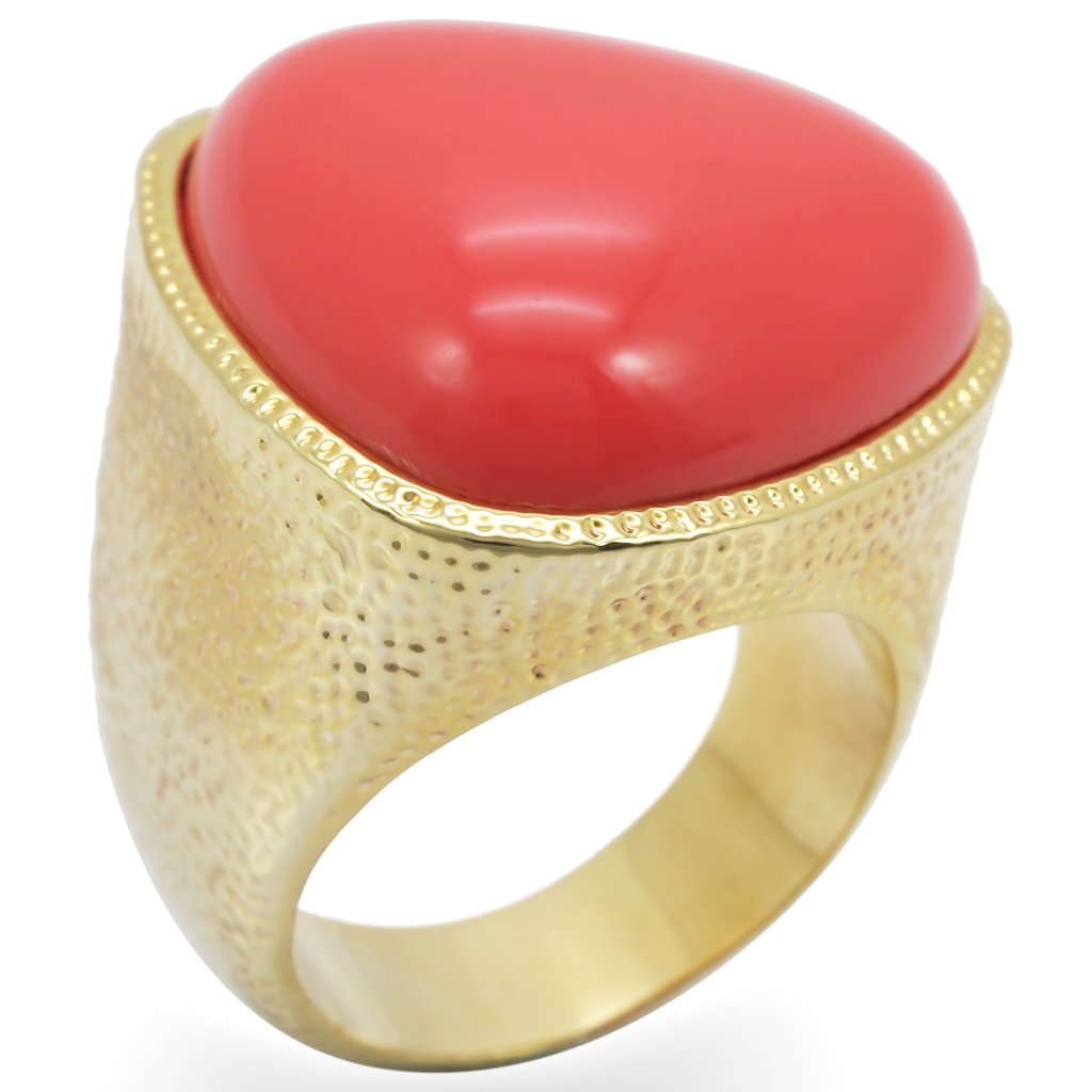 1W026 - Gold Brass Ring with Semi-Precious Coral in Rose