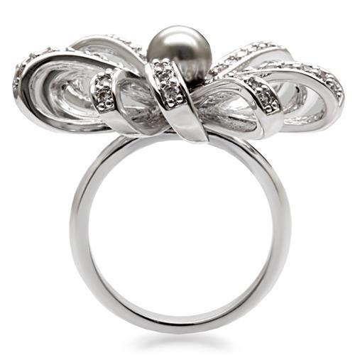 1W093 - Rhodium Brass Ring with Synthetic Pearl in Gray