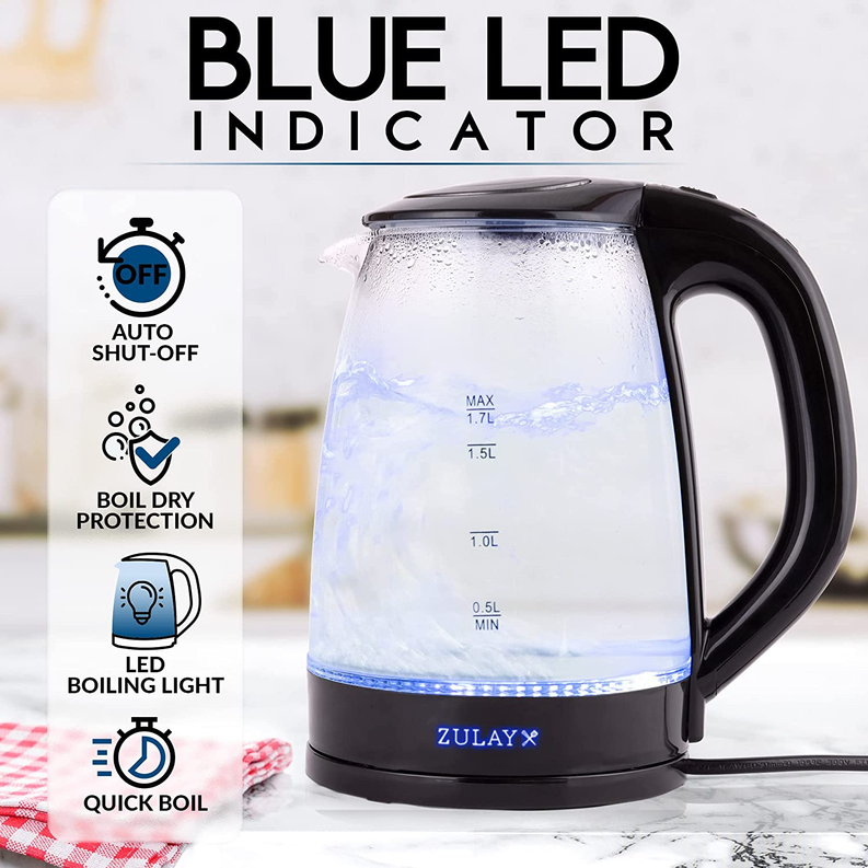 Zulay Glass Electric Kettle with Blue LED Light