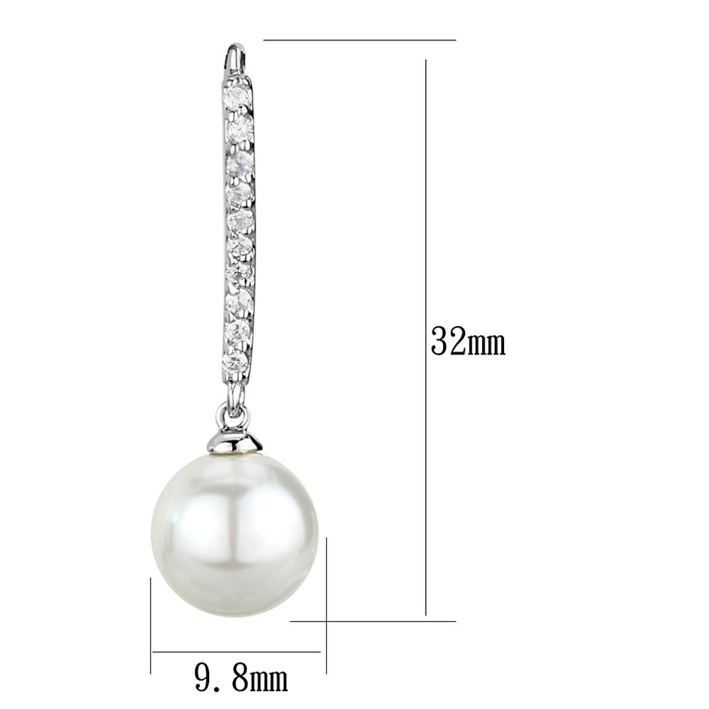 3W1059 - Rhodium Brass Earrings with Synthetic Pearl in White