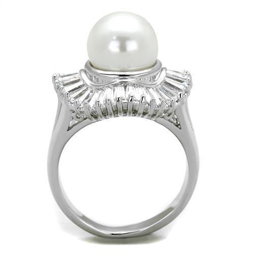 3W1073 - Rhodium Brass Ring with Synthetic Pearl in White