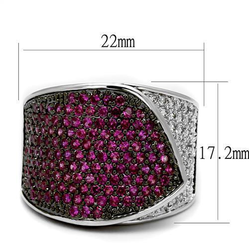 3W1217 - Rhodium + Ruthenium Brass Ring with AAA Grade CZ  in Ruby