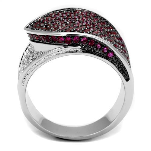 3W1217 - Rhodium + Ruthenium Brass Ring with AAA Grade CZ  in Ruby