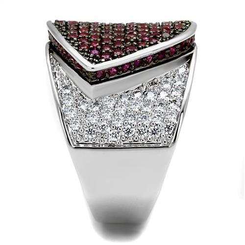 3W1217 - Rhodium + Ruthenium Brass Ring with AAA Grade CZ  in Ruby