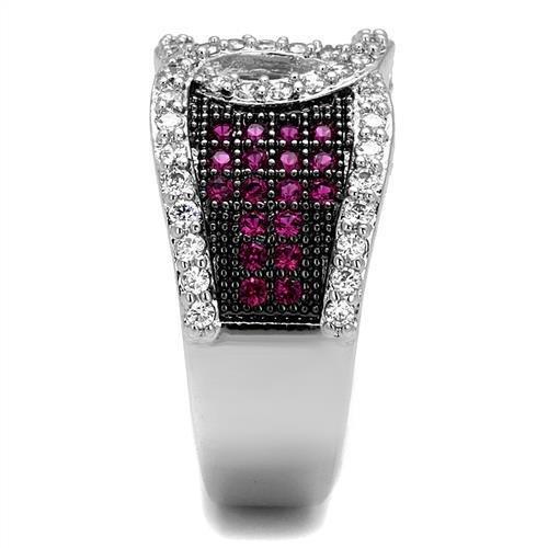 3W1243 - Rhodium + Ruthenium Brass Ring with AAA Grade CZ  in Ruby