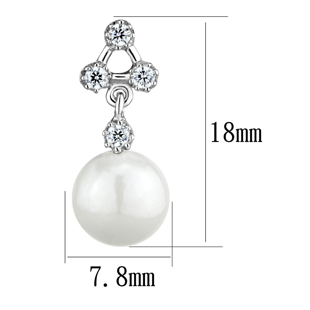 3W1295 - Rhodium Brass Earrings with Synthetic Pearl in White