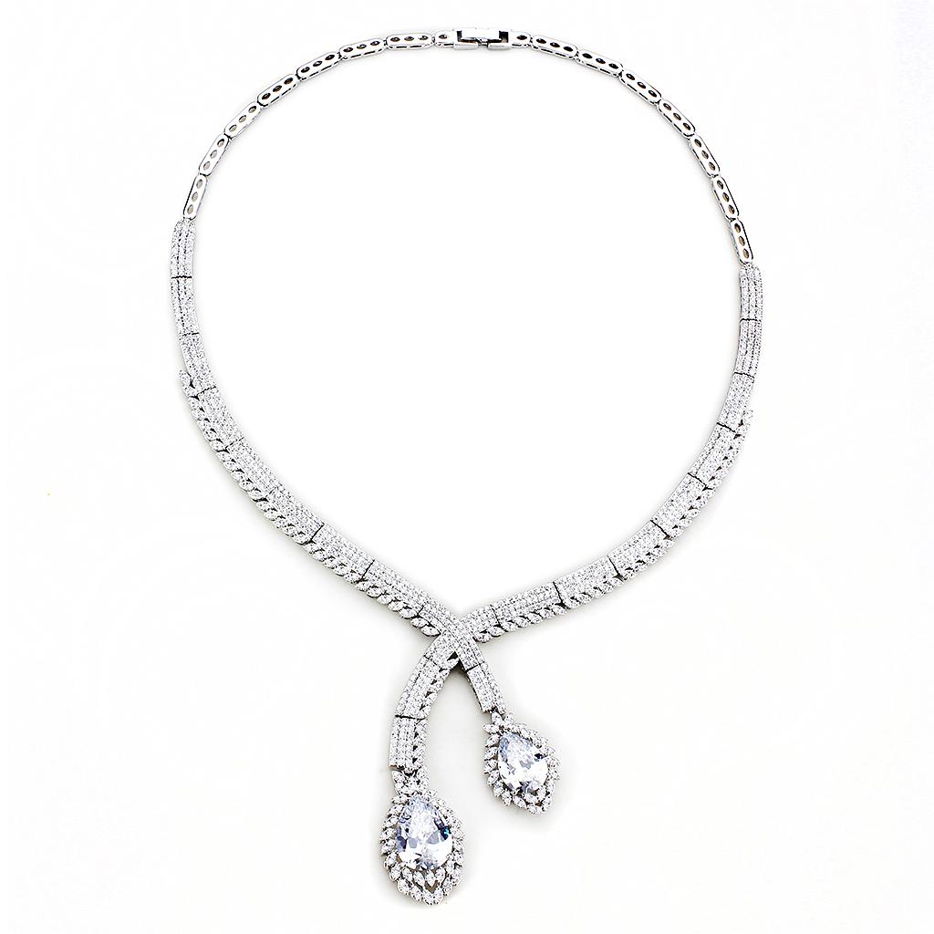 3W1416 - Rhodium Brass Jewelry Sets with AAA Grade CZ  in Clear