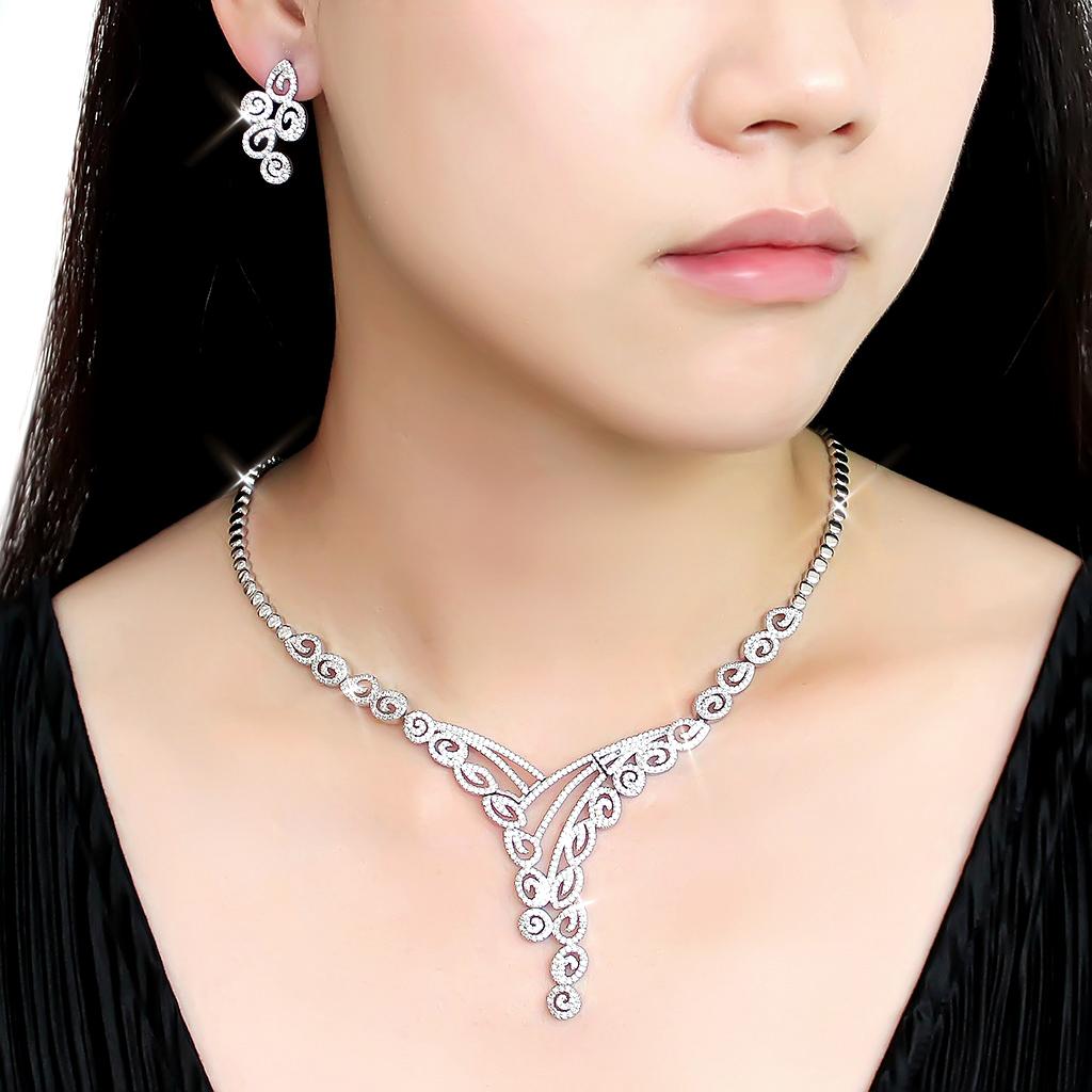 3W1419 - Rhodium Brass Jewelry Sets with AAA Grade CZ  in Clear