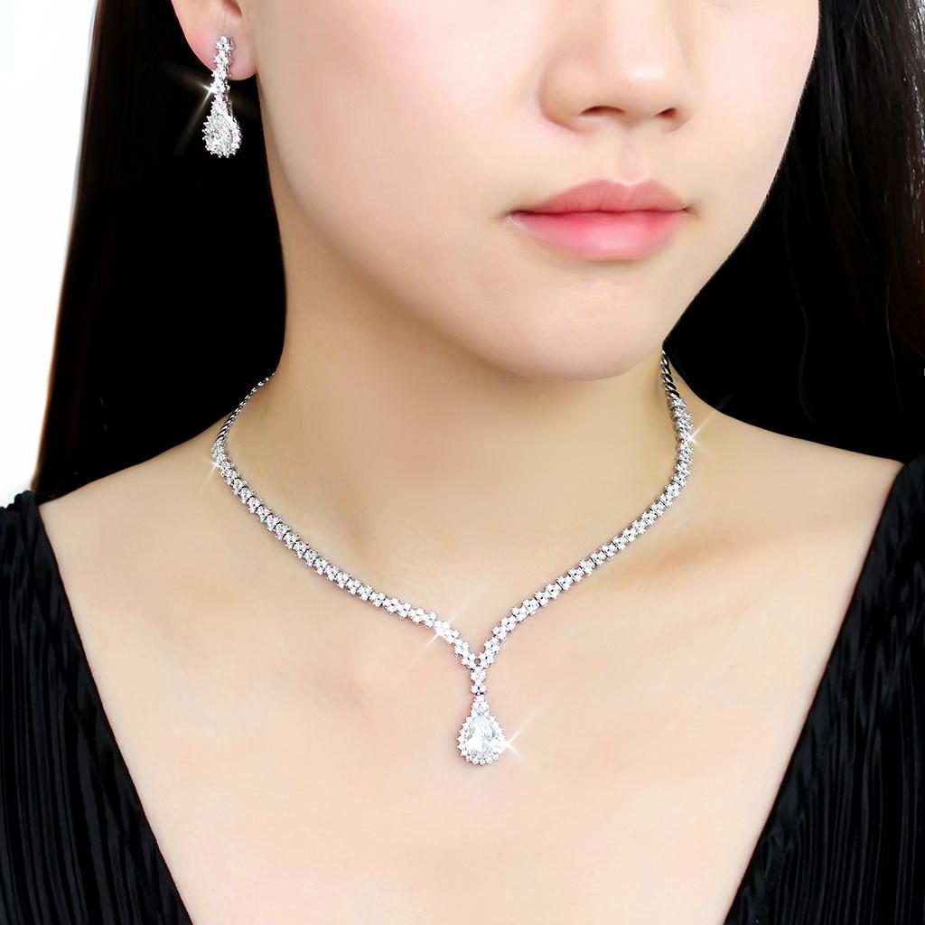 3W1430 - Rhodium Brass Jewelry Sets with AAA Grade CZ  in Clear