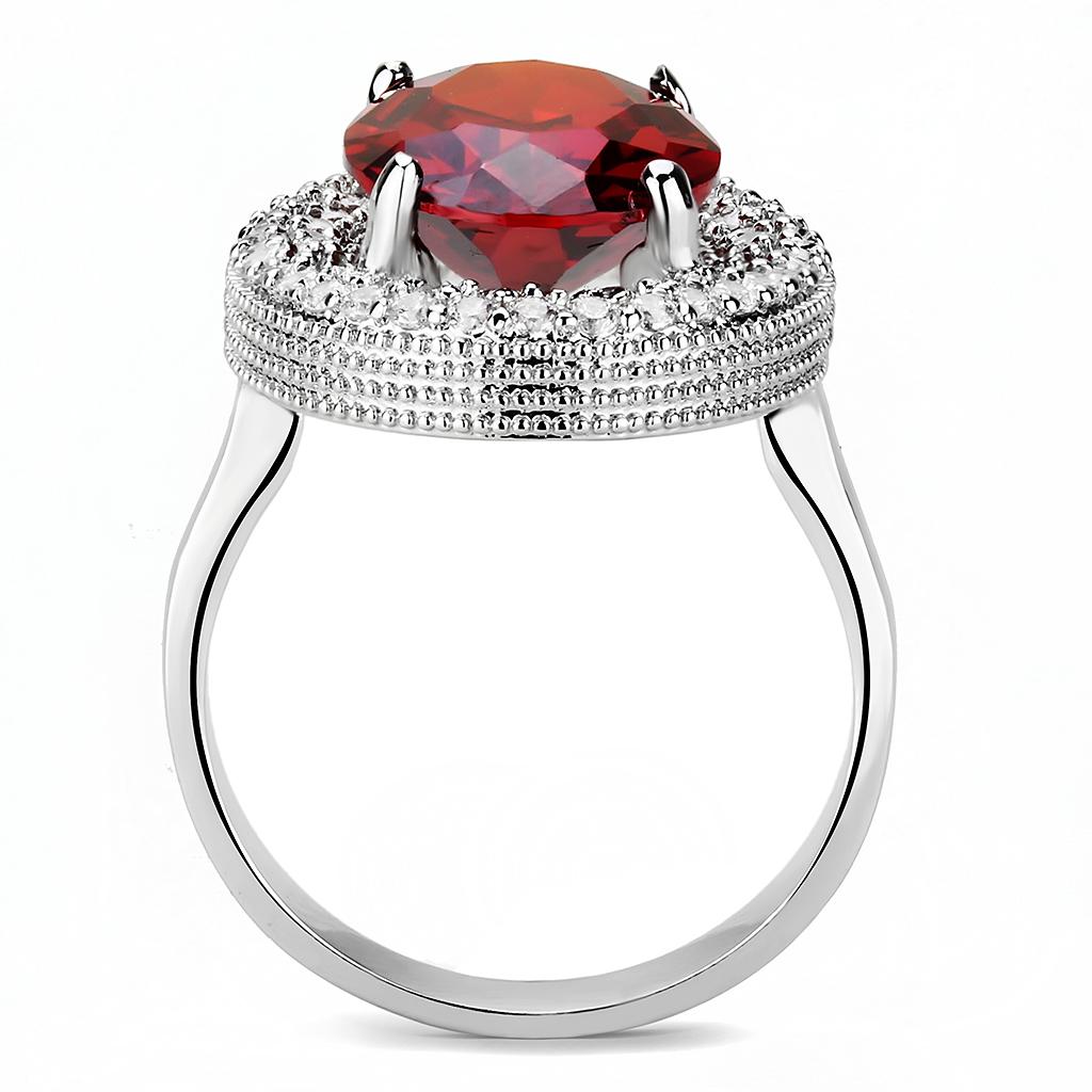 3W1455 - Rhodium Brass Ring with AAA Grade CZ  in Garnet