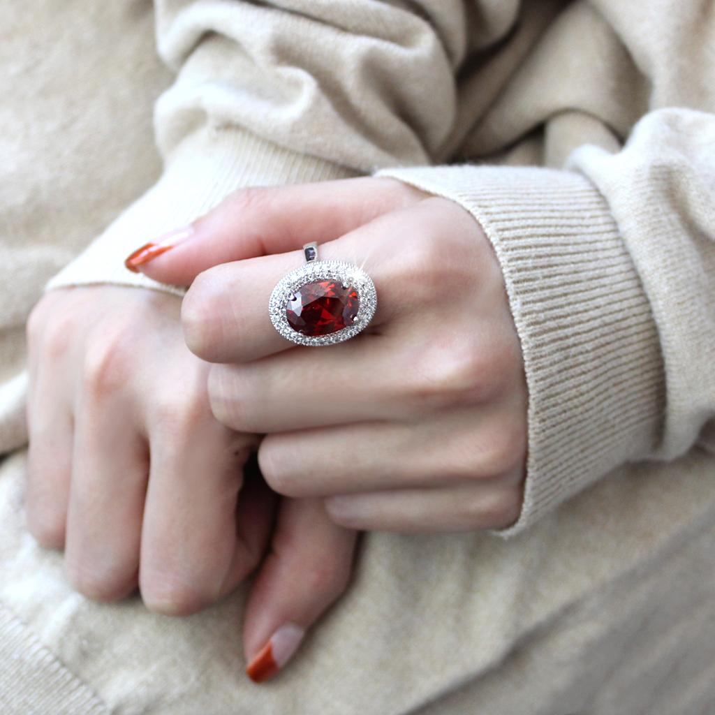 3W1455 - Rhodium Brass Ring with AAA Grade CZ  in Garnet