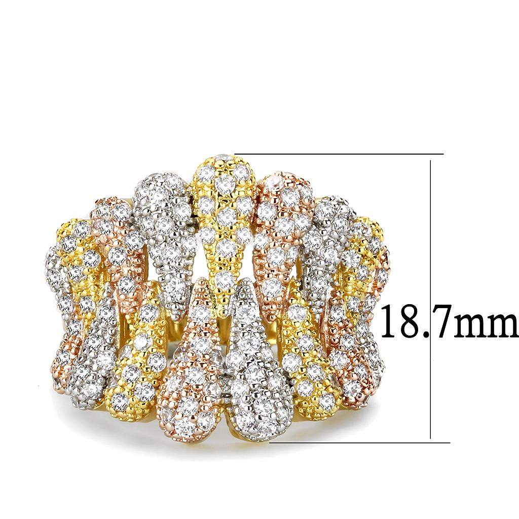 3W1462 - Tricolor Brass Ring with AAA Grade CZ  in Clear