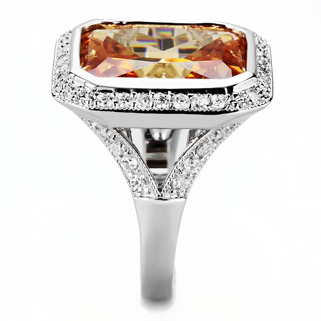 3W1471 - Rhodium Brass Ring with AAA Grade CZ  in Champagne