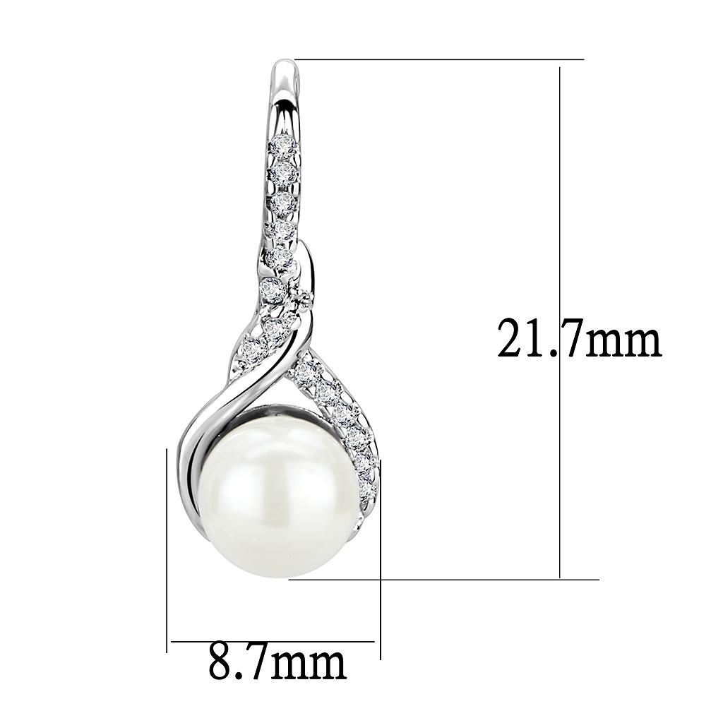 3W1478 - Rhodium Brass Earrings with Synthetic Pearl in White